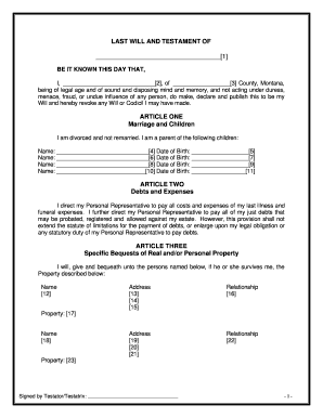 Template of a Will  Form