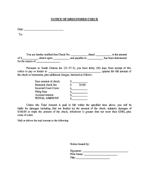 South Dakota Notice of Dishonored Check Civil Keywords Bad Check, Bounced Check  Form