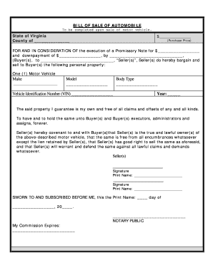 Automobile Bill of Sale Virginia  Form