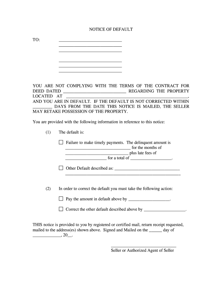 Arkansas General Notice of Default for Contract for Deed  Form