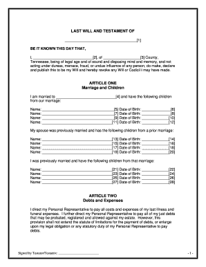 Last Will and Testament Tennessee  Form