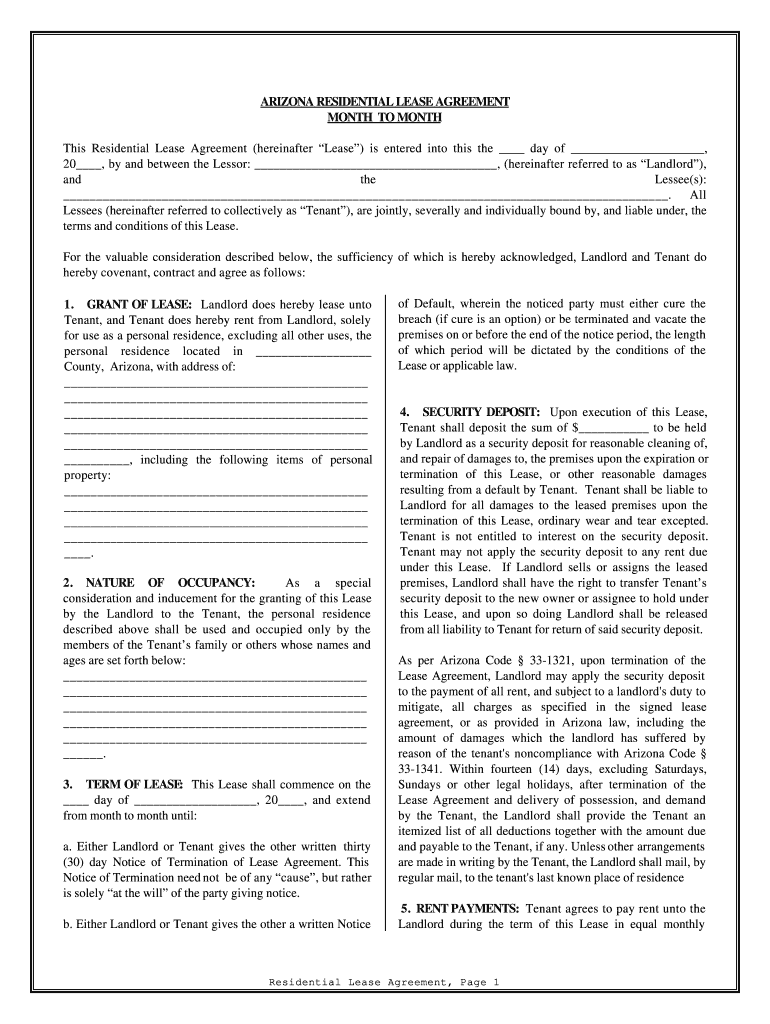 Arizona Rental Agreement Month to Month  Form