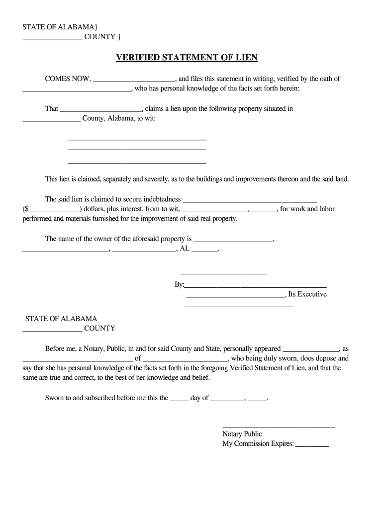 Alabama Verified Statement of Lien  Construction  by Corporation  Form