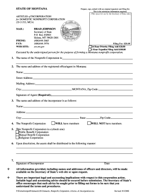 Montana Articles of Incorporation for Domestic Nonprofit Corporation 2006- 2023