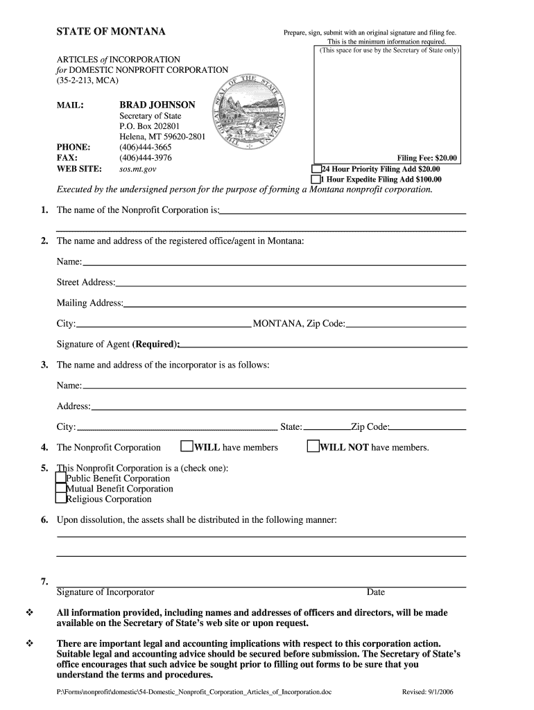  Montana Articles of Incorporation for Domestic Nonprofit Corporation 2006-2024