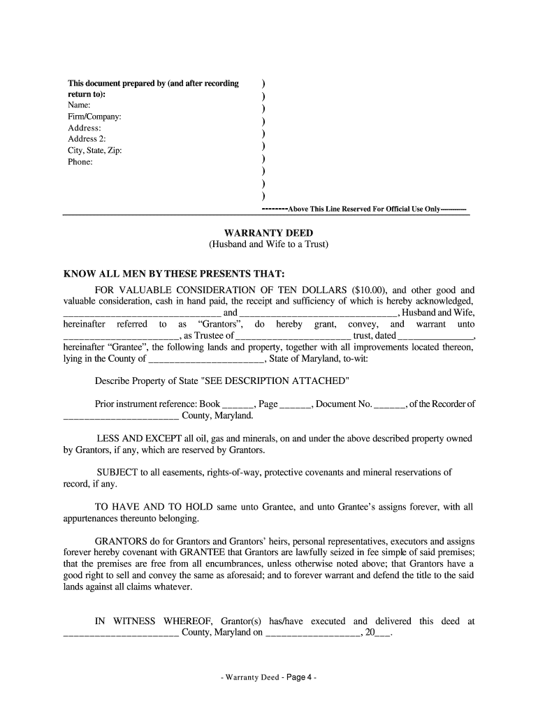 Maryland Warranty Deed from Husband and Wife to a Trust  Form