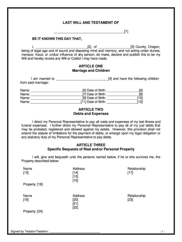 Oregon Simple Will Template  Form