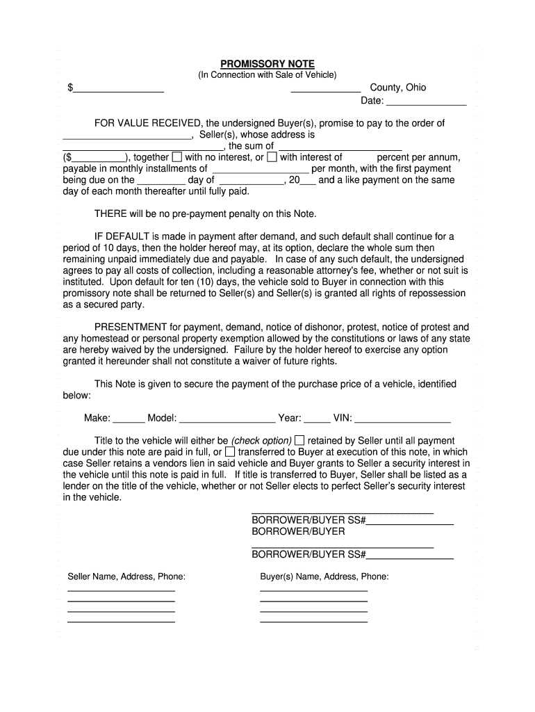 Vehicle Promissory Installment Note  Form