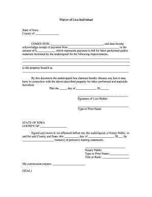 Iowa Waiver of Lien by Individual  Form