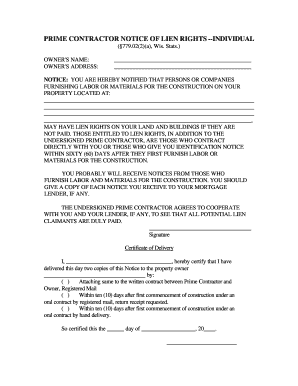 Wisconsin Prime Contractor&#039;s Notice of Lien Rights Individual  Form