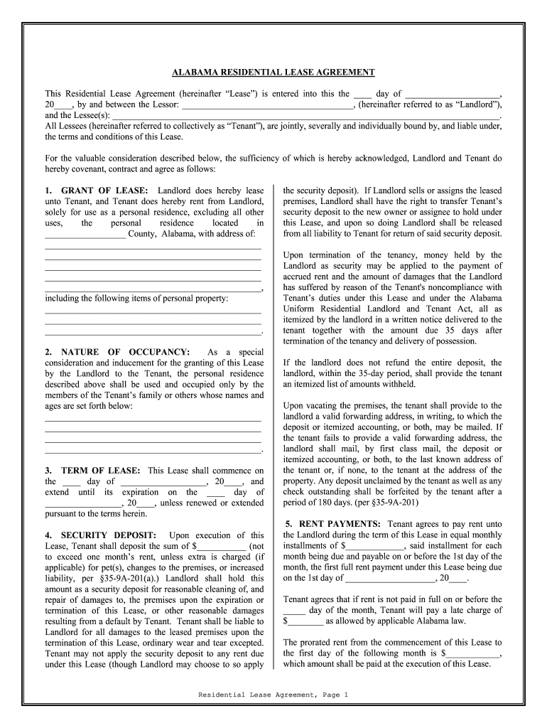 Blank Alabama Residential Lease Agreement  Form