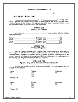 Ohio Last Will and Testament  Form