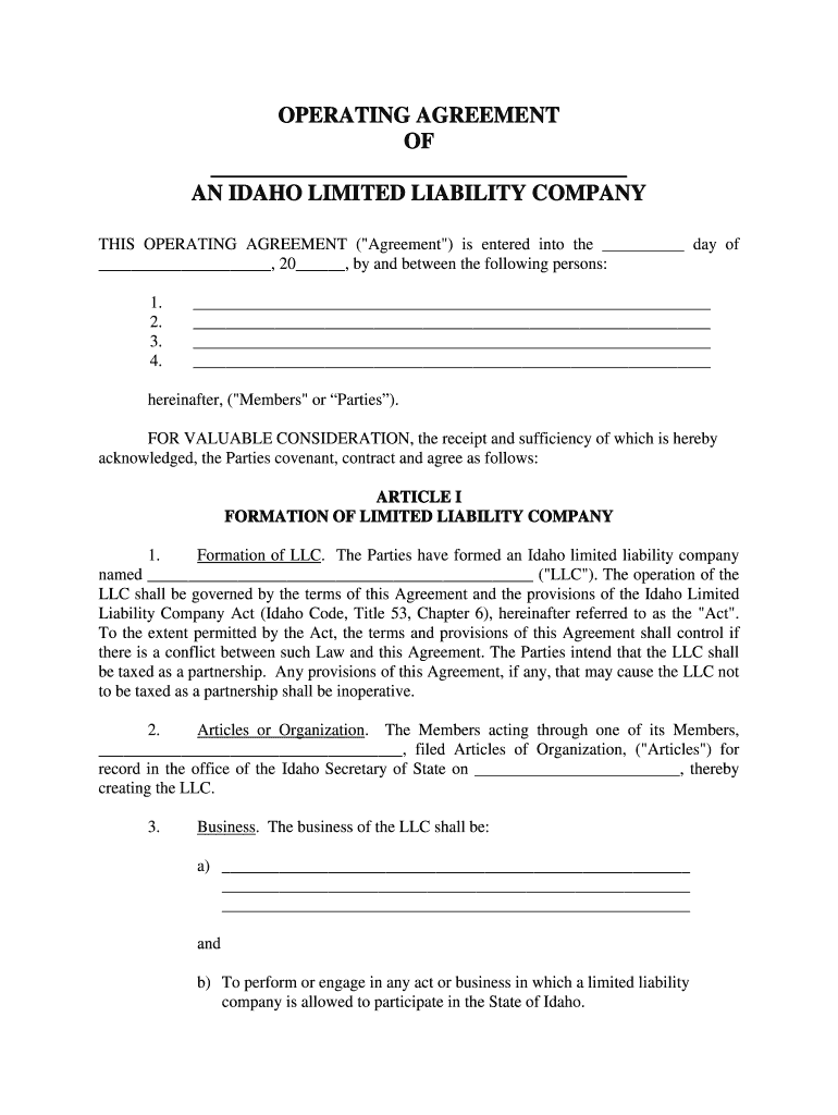 Llc Operating Agreement Idaho  Form