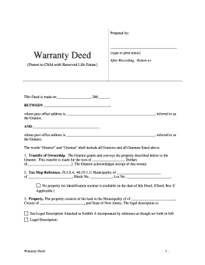 Life Estate Deed New Jersey  Form