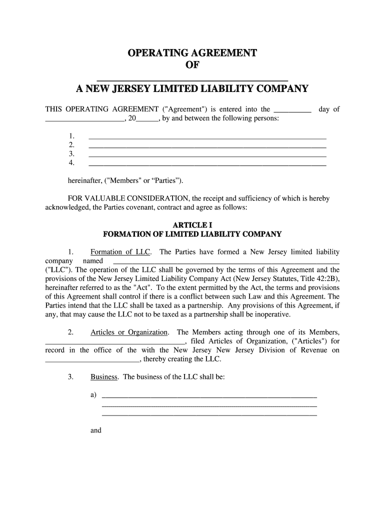 Nj Llc Operating Agreement  Form