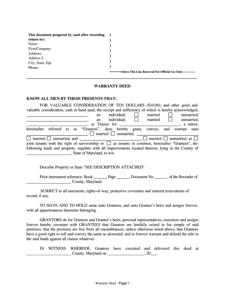 Maryland Warranty Deed from Two Individuals and Trustee to Three Individuals  Form