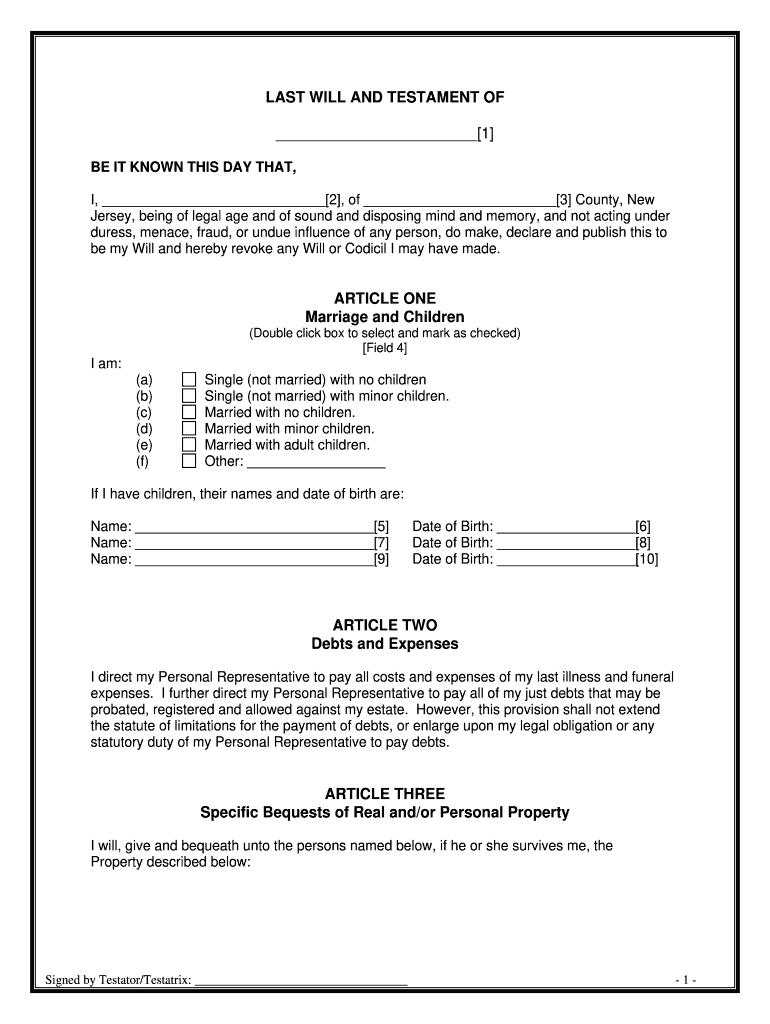 Last Will and Testament Nj PDF  Form