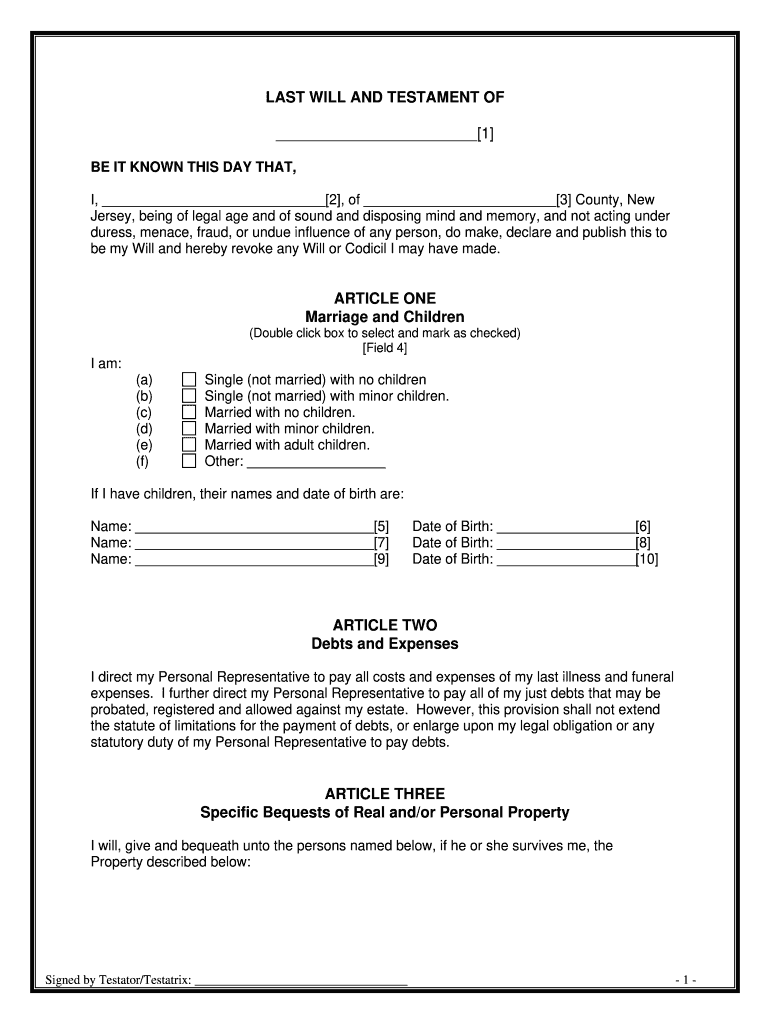 Free Printable Will Form Nj