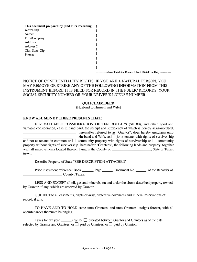 Quitclaim Deed Texas Form Fill Out and Sign Printable PDF Template