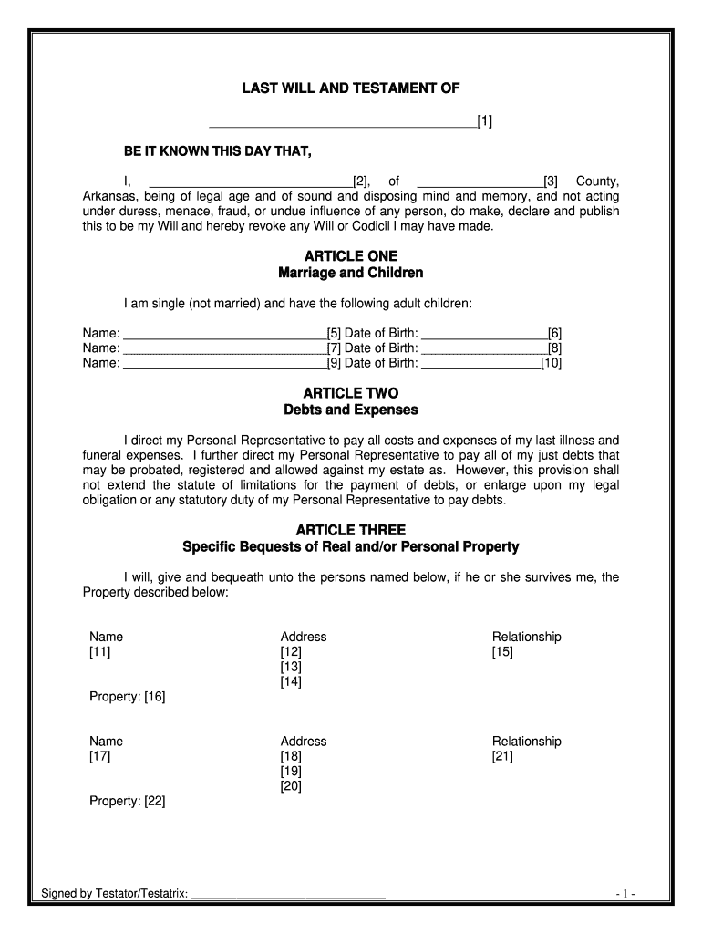 Printable Last Will and Testament Arkansas  Form