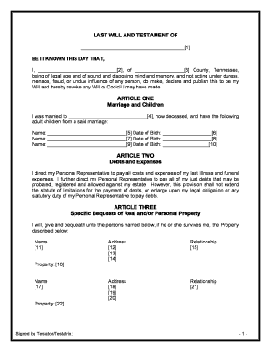 Tennessee Last Will and Testament  Form