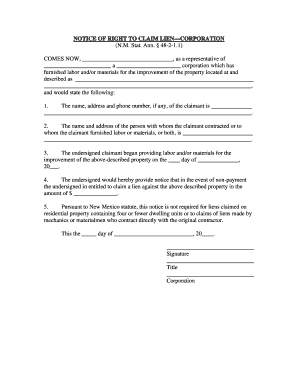 Right to File Lien New Mexico  Form
