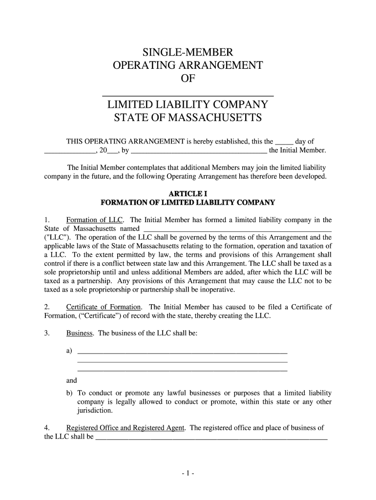 Massachusetts Single Member Limited Liability Company LLC Operating Agreement  Form
