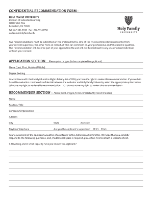 Confidential Recommendation Form Holy Family Accelerated Holy