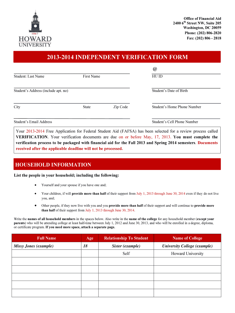  Independent Verification Form Howard University Howard 2013-2024