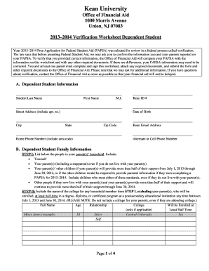  Verification Worksheet for Dependent Students Kean University Kean 2013