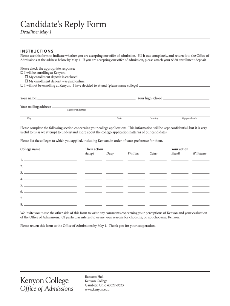 Kenyon Admissions Candidates Reply Form