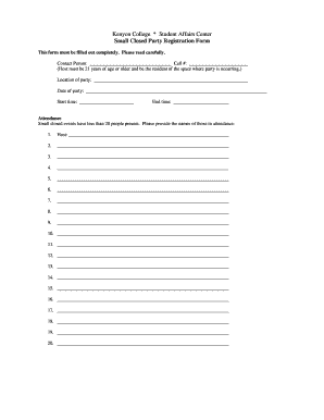 Kenyon Online Party Registration Form