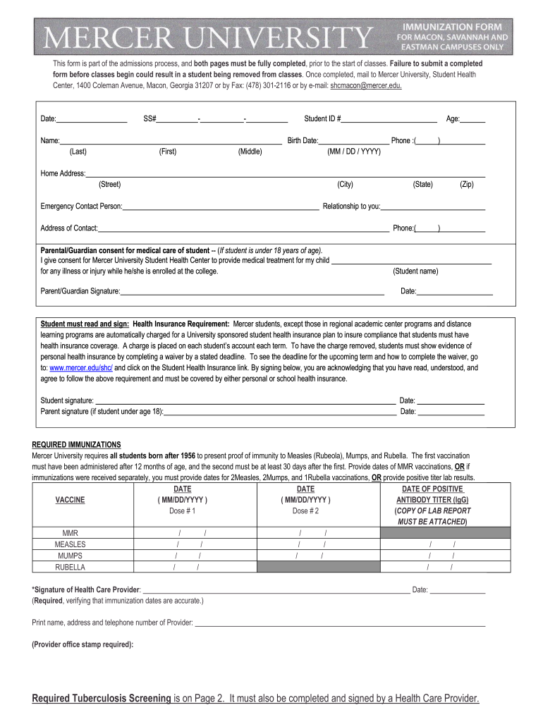 Immunization Form  Student Affairs, Macon Campus  Mercer    Studentaffairs Mercer