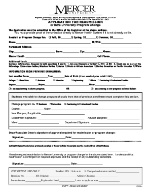 APPLICATION for READMISSION or Intra Mercer University Www2 Mercer  Form