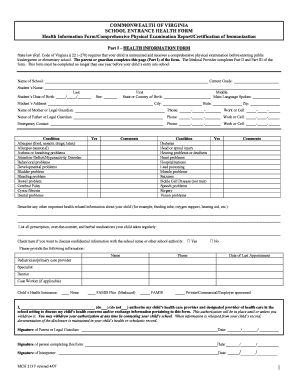 Commonwealth of Virginia School Entrance Health Form Wm