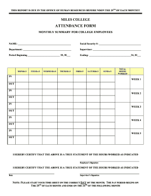 Attendance Form Time Sheet 7 Day Miles College Miles