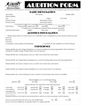 Production Audition Form Theatre and Dance Missouri State