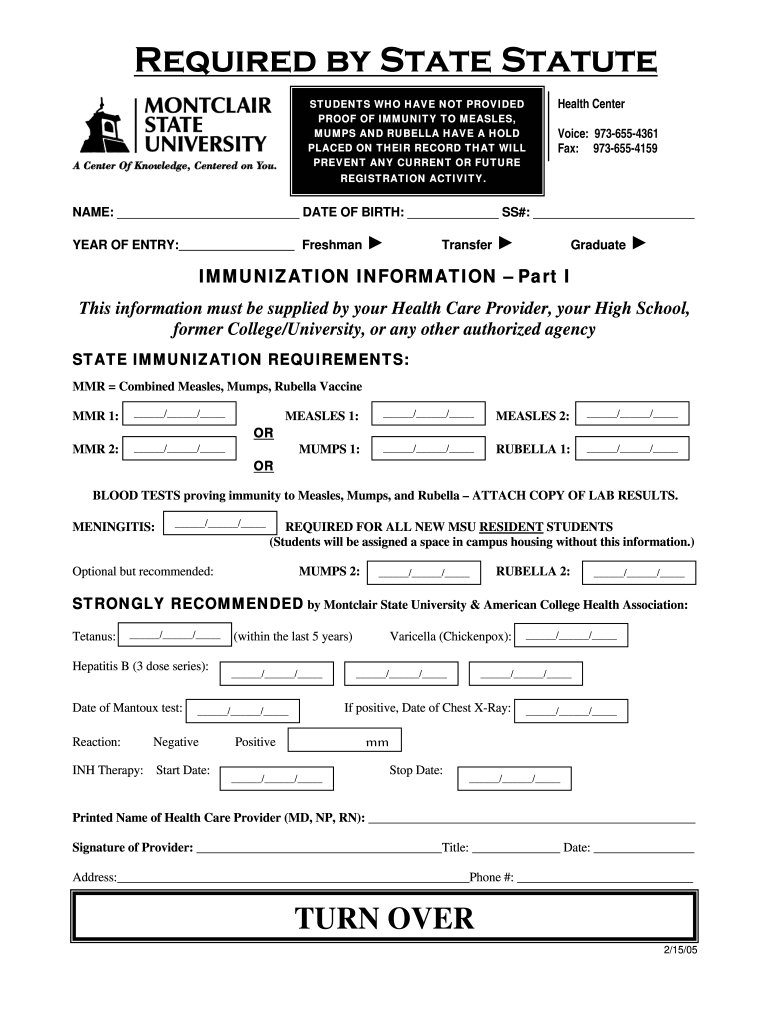  Montclair State University Immunization 2005-2024