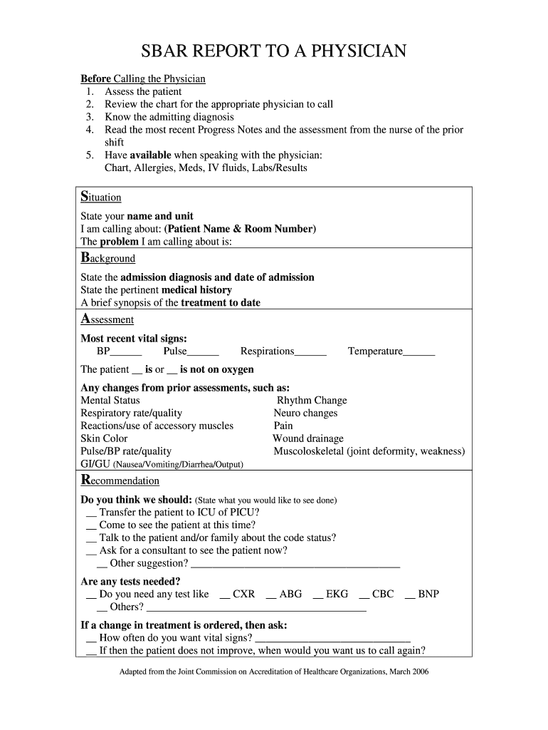 SBAR REPORT to a PHYSICIAN  Form