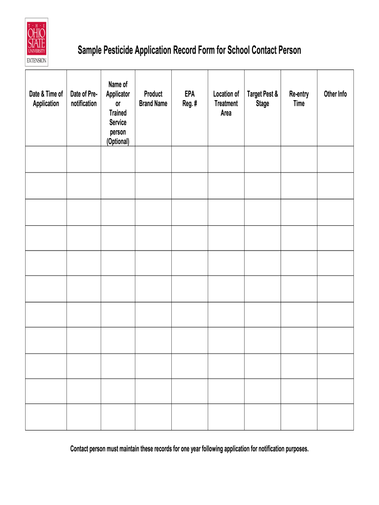 Sample Pesticide Application Record Form for School Contact Person Bugs Osu