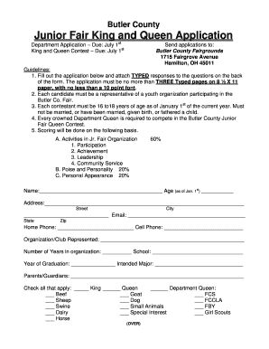 Junior Fair King and Queen Application Butler County Home Butler Osu  Form
