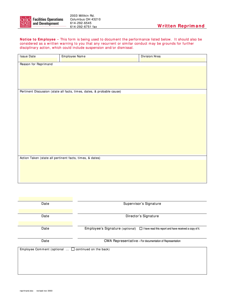 Get and Sign Notice to Employee This Form is Being Used to Document the Fod Osu 2003-2022