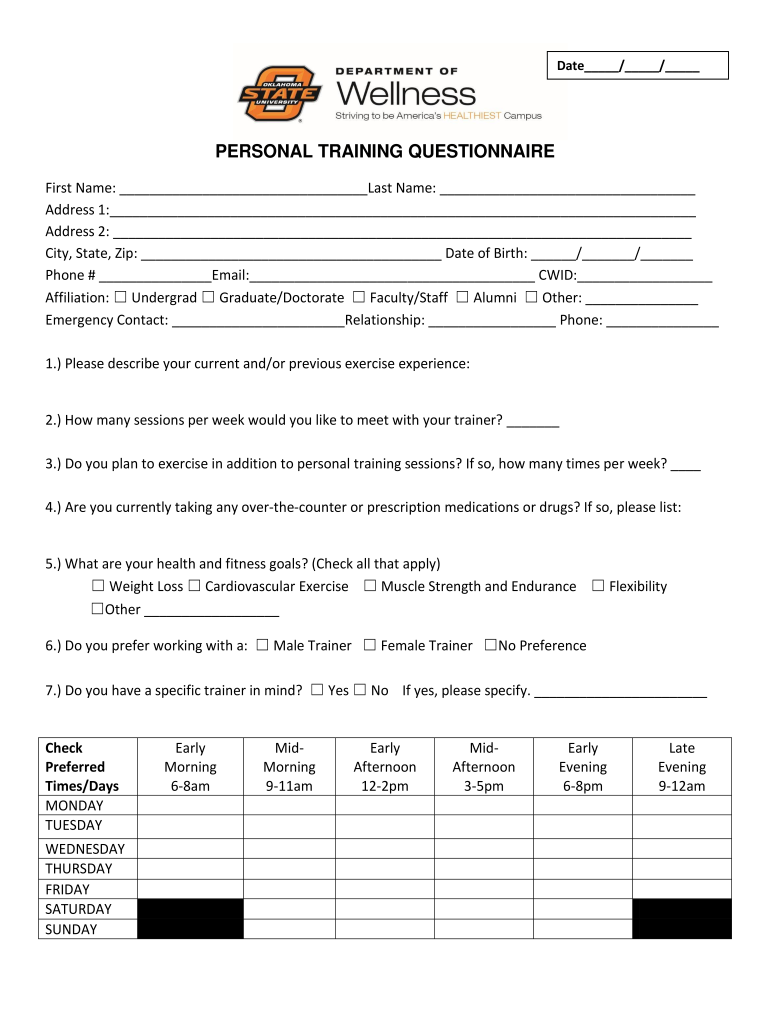 Personal Training Consultation Questionnaire Form Template