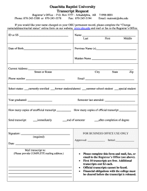 Ouachita Baptist University Transcript Request  Form