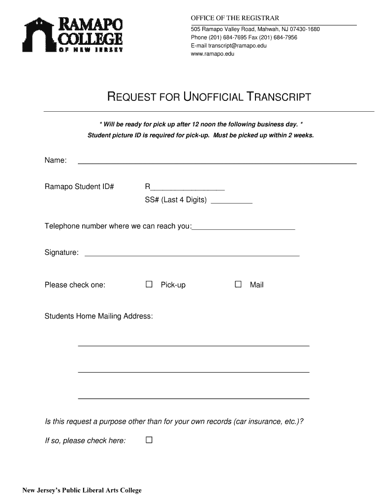 Ramapo College Transcript  Form