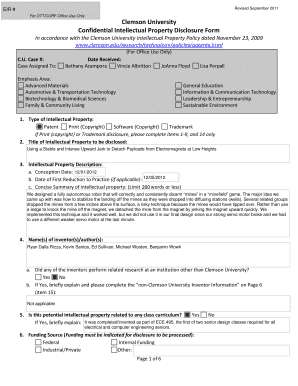 Clemson University Confidential Intellectual Property Disclosure Form Clemson