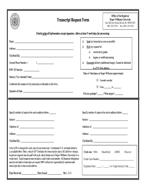 Roger Williams University Transcript Request  Form