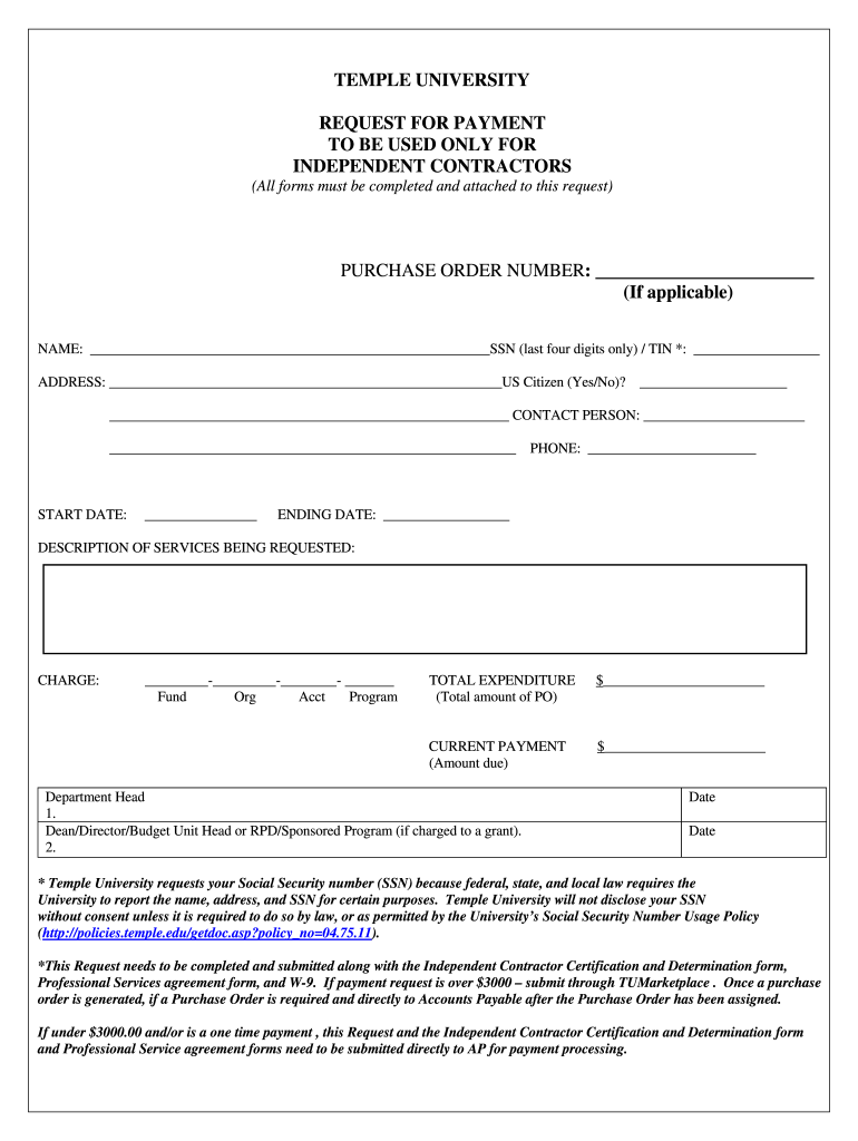 Independent Contractor Request for Payment Temple University  Form