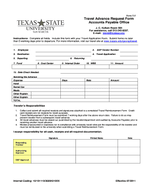 Get and Sign TF Travel Advance Request Form Texas State University Gato Docs Its Txstate 2011-2022
