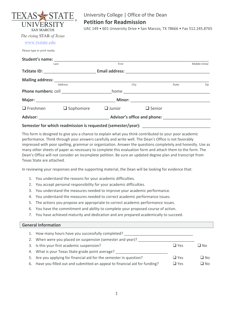 Petition for Readmission PDF  Texas State University  Txstate  Form